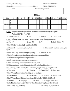 Kiểm tra 15 phút môn Tin học 8 trường THCS Độc Lập